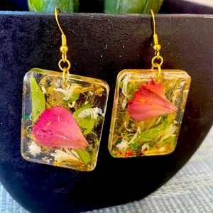XMAS Handmade Medium Pressed Flower Holiday Vibes Earrings Rectangle Shape